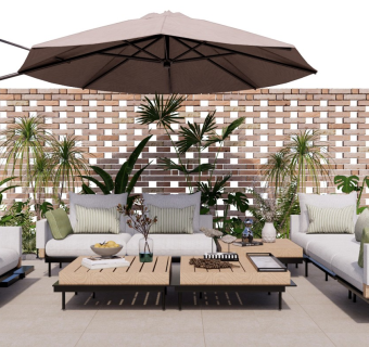 现代户外休闲沙发 沙发茶几组合 庭院绿植 植物花园景观 灌木 太阳伞