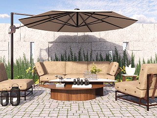 現代戶外休閑組合沙發 戶外桌椅 庭院沙發 太陽傘 景觀墻 綠植盆栽