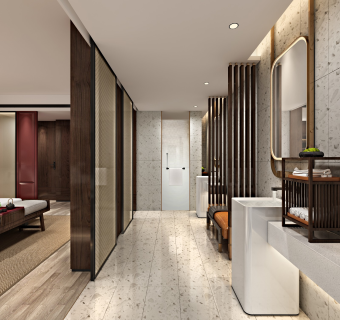 民宿客房，酒店客房，大床房，网红酒店客房，特色客房，酒店卫生间，迷你吧，床，豪华大床房