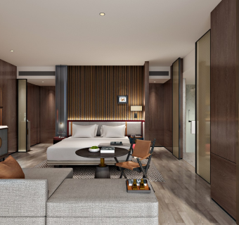 民宿客房，酒店客房，大床房，网红酒店客房，特色客房，酒店卫生间，迷你吧，床，豪华大床房