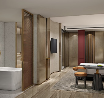 民宿客房，酒店客房，大床房，网红酒店客房，特色客房，酒店卫生间，迷你吧，床，豪华大床房