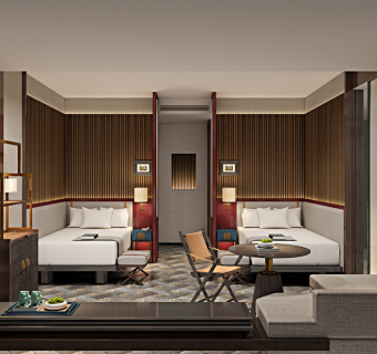 民宿客房，酒店客房，双床房，网红酒店客房，特色客房，酒店卫生间，迷你吧，床，豪华双人房