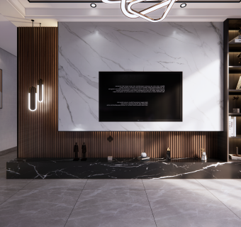 现代大理石木格栅电视背景墙