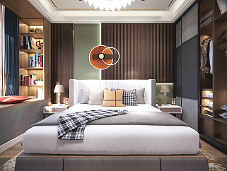 现代卧室+双人床+床头柜组合整体模型