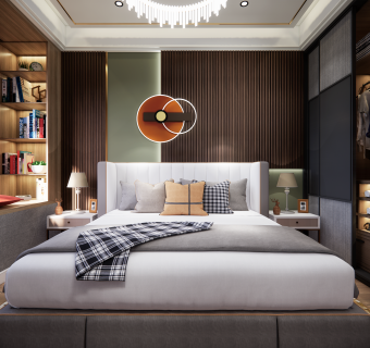 现代卧室+双人床+床头柜组合整体模型