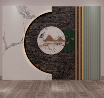 新中式背景墙SU模型+墙饰挂件