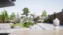 新中式庭院花园 庭院小品 假山石头 枯山水庭院景观 松树 室外植物 禅意景观