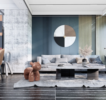 现代轻奢莫兰迪客厅餐厅沙发组合SU模型