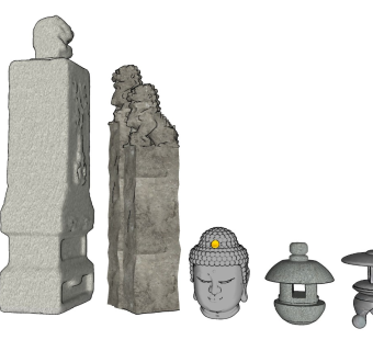 中式石头，拴马桩，佛头，石灯，石雕