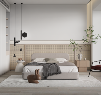 现代卧室，藤编卧室，床头柜单人椅