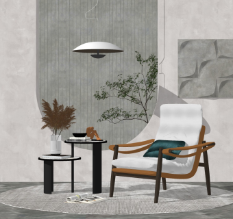 现代布艺休闲椅，圆形边几，立体画