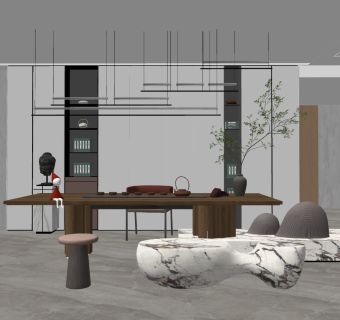 现代茶室,茶桌椅茶台异形座椅佛头组合,异形大理石座椅,吊灯,佛头摆件