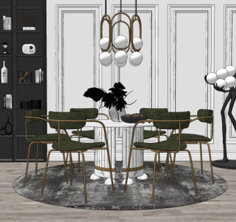 现代轻奢餐桌椅组合,人物雕塑摆件,吊灯