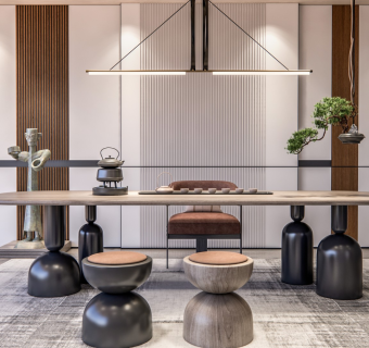 新中式茶室 茶桌椅 茶具 吊灯 茶桌 椅子