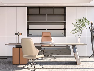 现代经理办公室 办公桌椅 文件柜 盆栽
