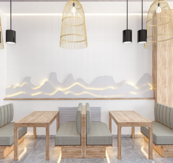 新中式假山背景墙 卡座 餐厅 编织吊灯 酒柜 壁柜 新中式餐桌椅