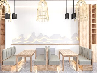 新中式假山背景墙 卡座 餐厅 编织吊灯 酒柜 壁柜 新中式餐桌椅