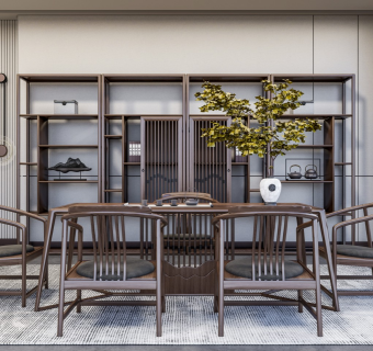 新中式茶室 茶桌 博古架 茶桌椅子