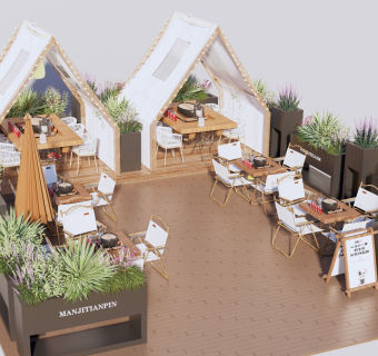  现代商业外摆区 咖啡厅外摆 户外桌椅 花箱 围栏 遮阳伞 花草 盆栽植物