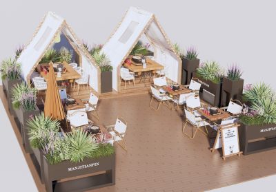  现代商业外摆区 咖啡厅外摆 户外桌椅 花箱 围栏 遮阳伞 花草 盆栽植物