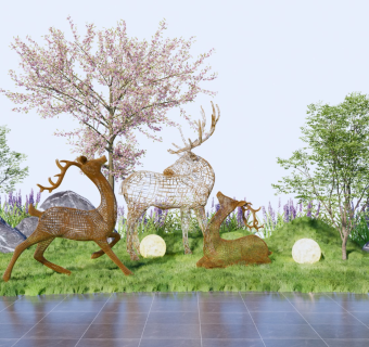 景观小品 雕塑小品 鹿雕塑 景观树 石头 微地形 开花植物