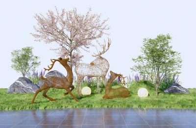景观小品 雕塑小品 鹿雕塑 景观树 石头 微地形 开花植物