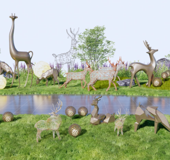 景观小品 雕塑小品 鹿雕塑 景观树 石头 微地形 开花植物
