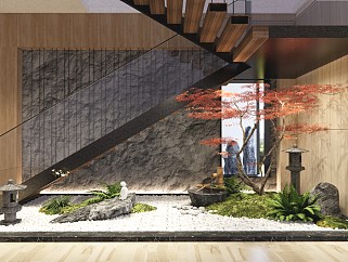 现代室内扶手楼梯景观 新中式禅意景观小品 假山石头 罗汉松 蕨类植物 石灯
