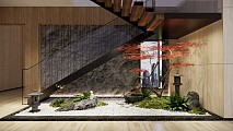 现代室内扶手楼梯景观 新中式禅意景观小品 假山石头 罗汉松 蕨类植物 石灯