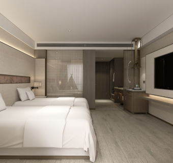 新中式酒店客房 大床房 亲子房 书桌 酒吧台 衣柜 沙发榻 茶几 淋浴 卫生间