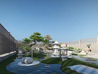 日式枯山水庭院花园 假山水景 石头 景观树 茶台