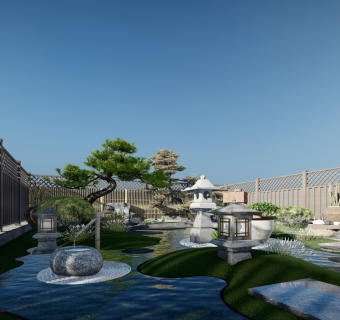 日式枯山水庭院花园 假山水景 石头 景观树 茶台
