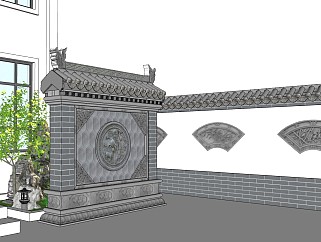 <em>古建筑</em>中式庭院景观照壁SU模型