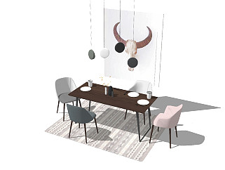 现代北欧<em>餐桌</em>椅组合长桌吊灯挂画椅子