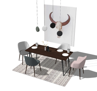 现代北欧餐桌椅组合长桌吊灯挂画椅子