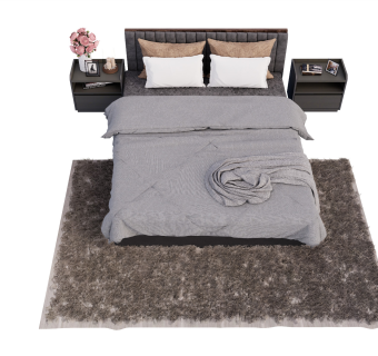 现代双人床床头柜地毯花艺摆件