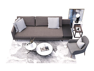 现代沙发茶几组合地毯台灯花艺摆件装饰画