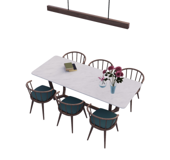 现代餐桌椅组合花艺书籍吊灯