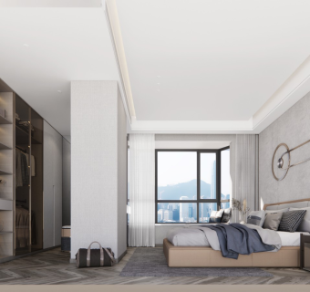 现代家居卧室 双人床床头柜家具组合 玻璃门衣柜 卧室背景墙