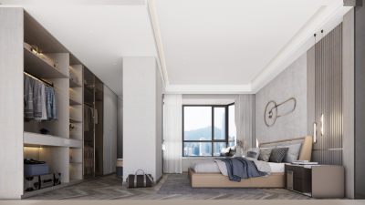 现代家居卧室 双人床床头柜家具组合 玻璃门衣柜 卧室背景墙