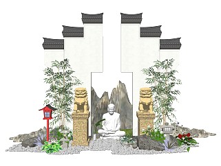 新中式风格庭院景观小品_狮子雕塑_马头墙_石灯笼