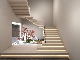現代新中式風格別墅玻璃扶手樓梯旱景