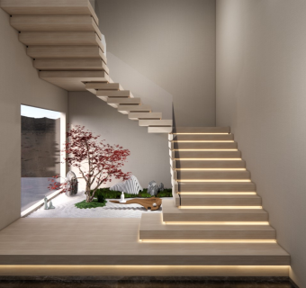 现代新中式风格别墅玻璃扶手楼梯旱景