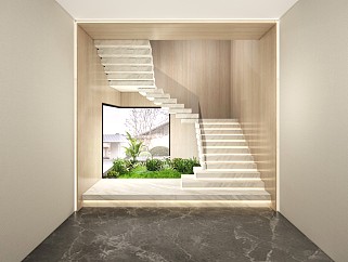 现代新中式风格别墅室内玻璃<em>楼梯</em>旱景su模型