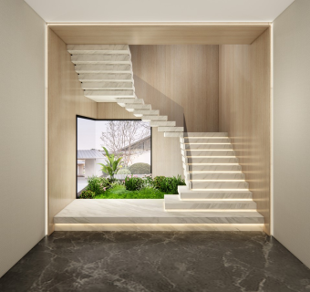 现代新中式风格别墅室内玻璃楼梯旱景su模型