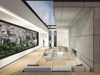 现代新中式风格别墅下沉式会客厅天井su模型