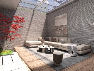 现代新中式风格别墅天井下沉式庭院su模型