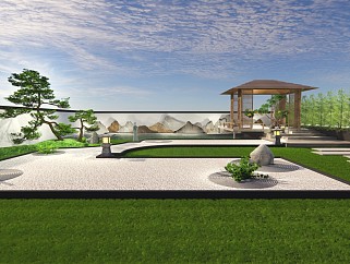 现代新中式风格别墅庭院花园凉亭su模型