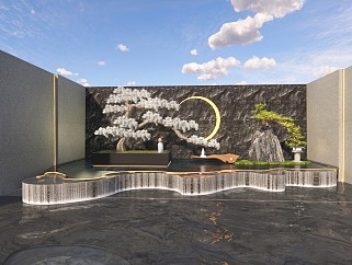 現代新中式風格別墅庭院花園水景su模型