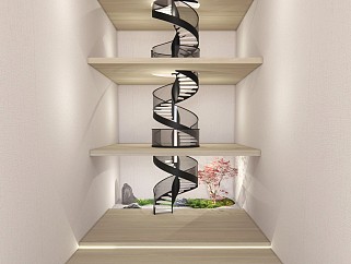 现代新中式风格别墅旋转楼梯玻璃扶手室内旱景观小品su模型